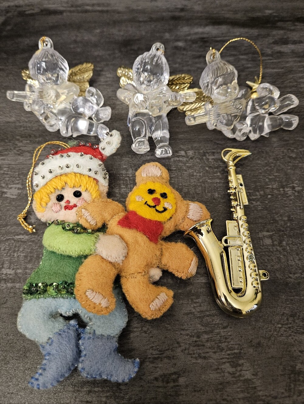 Vintage Christmas Ornament Bundle - Felt, Acrylic Cherubs & Miniature Sax